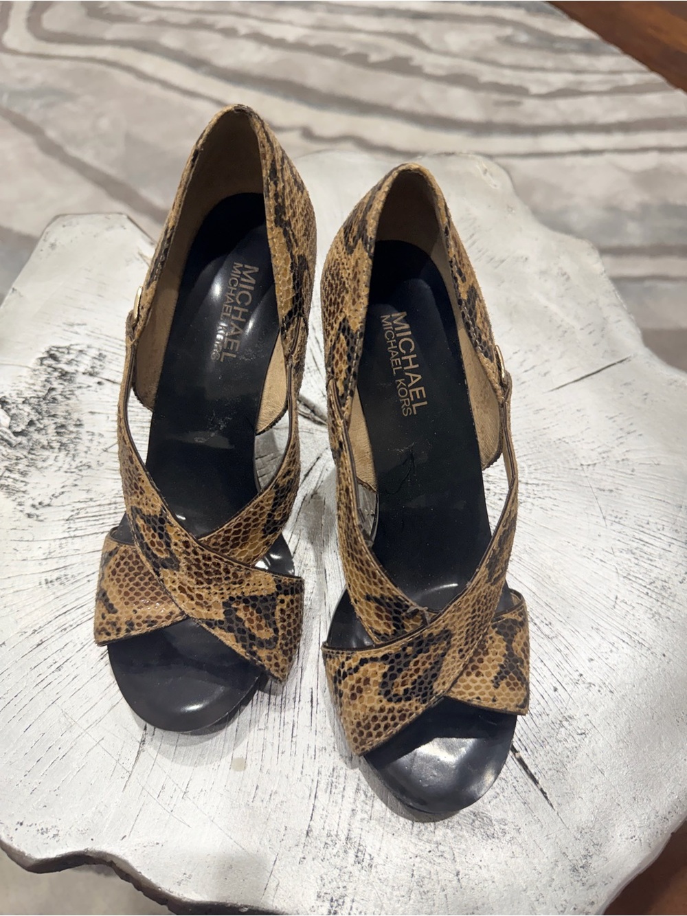Michael Kors Snake-Print Tan and Black Crisscross Wedge Sandals